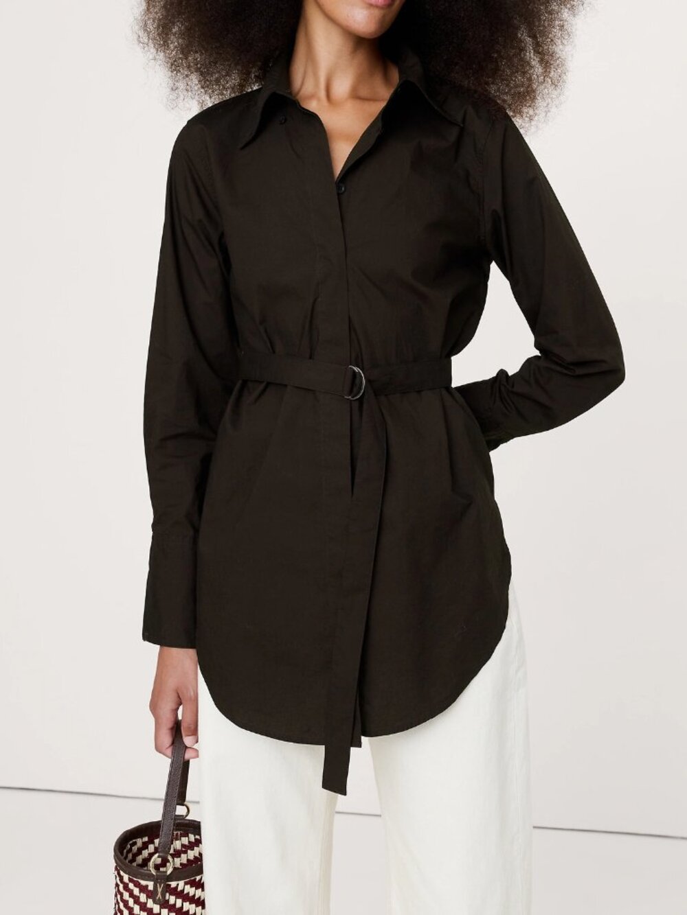 NWT Banana Republic Espresso Brown Cotton Poplin Belted Button-Up Tunic Shirt XS
